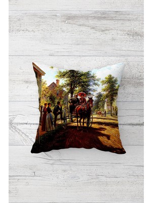 Pelangi Eski Zamanlar Tablo Çift Tarafı Baskılı Gizli Fermuarlı Yastık Kılıfı Kırlent Koltuk Yastık Kılıfı