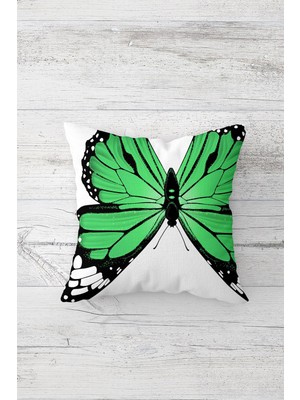 Pelangi Yeşil Büyük Kelebek Desen Çift Tarafı Baskılı Gizli Fermuarlı Kırlent Koltuk Yastık Kılıfı