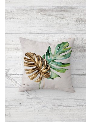 Pelangi Tropikal Gold Yeşil Yapraklı Çift Tarafı Baskılı Gizli Fermuarlı Kırlent Koltuk Yastık Kılıfı