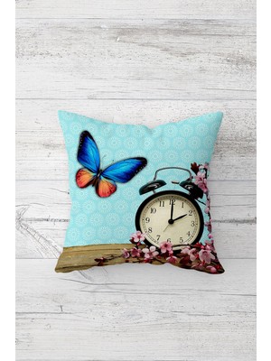 Pelangi Saatli Kelebekli Sakura Çift Taraflı Gizli Fermuarlı Yastık Kılıfı Kırlent Koltuk Yastık Kılıfı