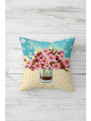 Pelangi Vazodaki Pembe Çiçekler Çift Tarafı Baskılı Gizli Fermuarlı Yastık Kılıfı Kırlent Yastık Kılıfı