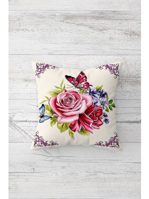 Pelangi Kelebek Renkli Çiçekler Çift Tarafı Baskılı Gizli Fermuarlı Yastık Kılıfı Kırlent Yastık Kılıfı