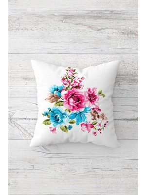 Pelangi Pembe Gül Buketli Çift Tarafı Baskılı Gizli Fermuarlı Yastık Kılıfı Kırlent Koltuk Yastık Kılıfı