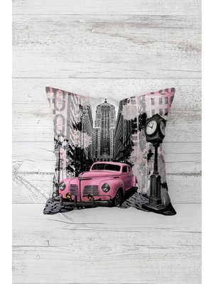 Pelangi Pembe Nostaljik Arabalı Çift Taraflı Gizli Fermuarlı Yastık Kılıfı Kırlent Koltuk Yastık Kılıfı