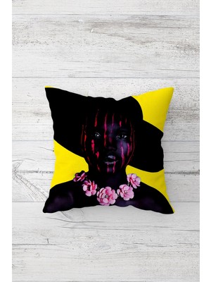 Pelangi Şapkalı Siyahi Kadın Çift Tarafı Baskılı Gizli Fermuarlı Yastık Kılıfı Kırlent Koltuk Yastık Kılıfı