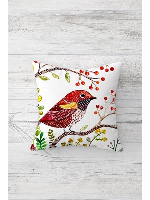 Pelangi Ağaç Dalındaki Kuş Çift Tarafı Baskılı Gizli Fermuarlı Yastık Kılıfı Kırlent Koltuk Yastık Kılıfı