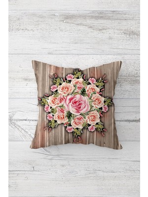 Pelangi Ahşap Zeminde Gül Buketi Vintage Çift Taraflı Gizli Fermuarlı Yastık Kırlent Koltuk Yastık Kılıfı