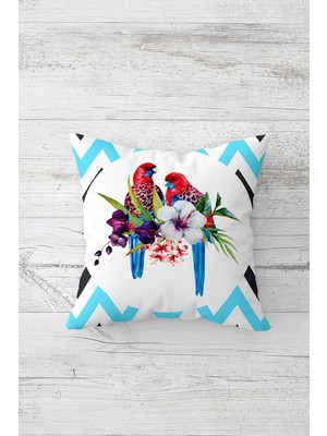 Pelangi Çiçekli Daldaki Kuşlar Çift Tarafı Baskılı Gizli Fermuarlı Yastık Kılıf Kırlent Koltuk Yastık Kılıfı