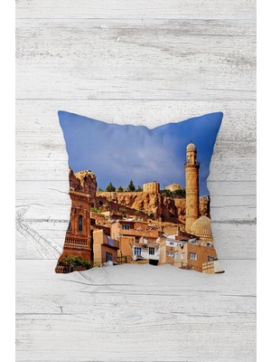 Pelangi Manzara Cami Desenli Çift Tarafı Baskılı Gizli Fermuarlı Yastık Kılıfı Kırlent Koltuk Yastık Kılıfı