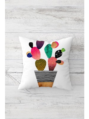 Pelangi Beyaz Zeminde Renkli Kaktüs Çift Taraflı Gizli Fermuarlı Yastık Kılıfı Kırlent Koltuk Yastık Kılıfı