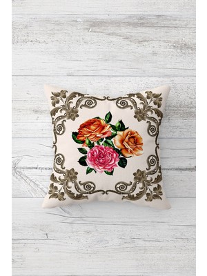 Pelangi Bej Vintage Gül Desen Çift Tarafı Baskılı Gizli Fermuarlı Yastık Kılıfı Kırlent Koltuk Yastık Kılıfı