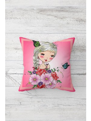 Pelangi Çiçekli Kız Desenli Çift Tarafı Baskılı Gizli Fermuarlı Yastık Kılıfı Kırlent Koltuk Yastık Kılıfı