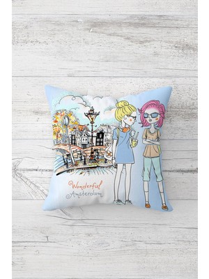 Pelangi Amsterdam Desenli Çift Tarafı Baskılı Gizli Fermuarlı Yastık Kılıfı Kırlent Koltuk Yastık Kılıfı