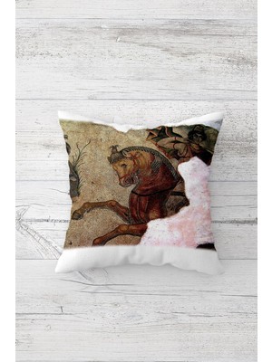 Pelangi Antik Çağ At Desenli Çift Tarafı Baskılı Gizli Fermuarlı Yastık Kılıfı Kırlent Koltuk Yastık Kılıfı