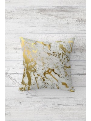 Pelangi Gold Detay Mermer Desen Çift Tarafı Baskılı Gizli Fermuar Yastık Kılıfı Kırlent Koltuk Yastık Kılıfı