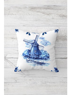 Pelangi Mavi Yel Değirmeni Çift Tarafı Baskılı Gizli Fermuarlı Yastık Kılıfı Kırlent Koltuk Yastık Kılıfı