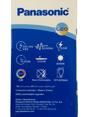 Panasonic 8,5W (60W) 2700K (Sarı Işık) E27 Duylu LED Ampul (2 Adet)