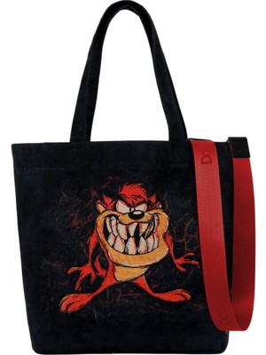 Kadın Vegan Siyah Large Tote Bag - Warner Bros Tasmanian Devil Tasarım