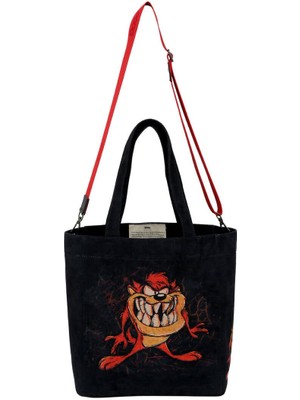 Kadın Vegan Siyah Large Tote Bag - Warner Bros Tasmanian Devil Tasarım