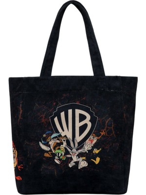 Kadın Vegan Siyah Large Tote Bag - Warner Bros Tasmanian Devil Tasarım