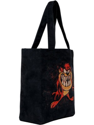 Kadın Vegan Siyah Large Tote Bag - Warner Bros Tasmanian Devil Tasarım