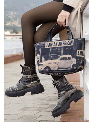 Kadın Vegan Gri Medium Tote Bag -  I am an American Tasarım