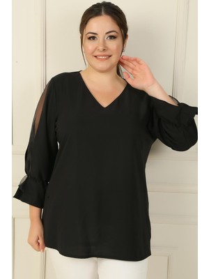 By Saygı V Yaka Yarı Organze Krep B.b. Bluz
