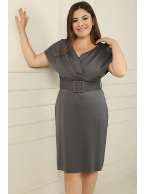 By Saygı Ön Arka V Yaka Beli Kemerli Astarlı  Büyük Beden  Elbise