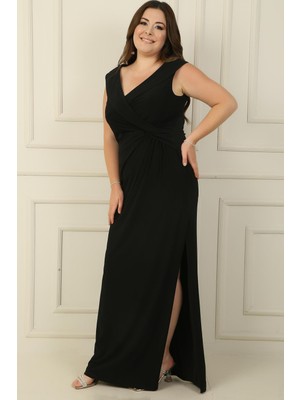 By Saygı Kruvaze Yaka Önü Düğüm Detaylı Astarlı Yırtmaçlı Büyük Beden Likralı Uzun Elbise