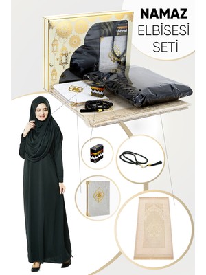 İhvan Online Pratik Başörtülü Tek Parça Namaz Elbisesi ve Seccade Seti Siyah