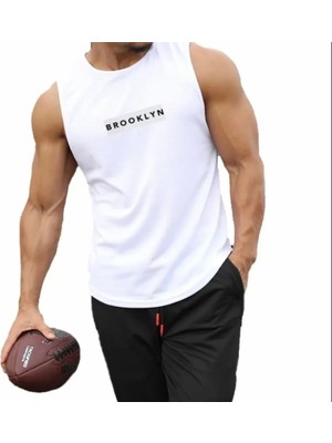 Amor Man Özel Tasarım Brooklyn Baskılı Slim Fit %100 Pamuk Kolsuz Gym Erkek T-Shırt