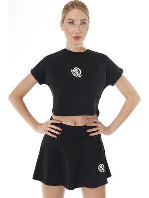 Quitaly Baskılı Bisiklet Yaka Oversize Spor Crop T-Shirt Siyah