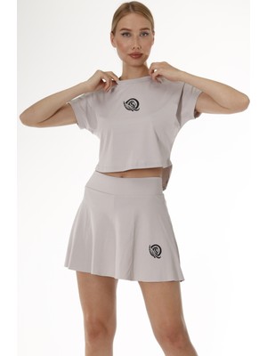 Quitaly Baskılı Bisiklet Yaka Oversize Spor Crop T-Shirt Gri