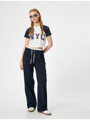 Koton Crop Tişört Kolej Baskılı Bisiklet Yaka Slim Fit Renk Bloklu