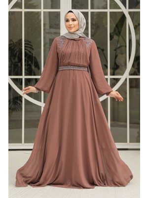 Drape Detaylı Camel Tesettür Abiye Elbise 25879C