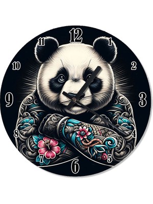 Karizma Tablo Kolları Dövmeli Panda Dekoratif Duvar Saati