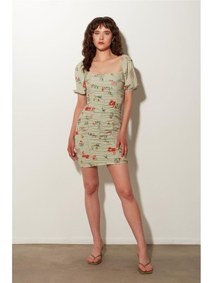 Sherin Yeşil Desenli Büzgü Mini Elbise