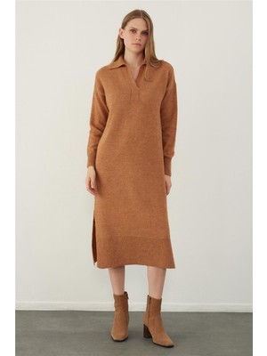 Sherin Kahverengi Polo Yaka Basic Midi Triko Elbise