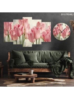 A2ZTR 5 Parçalı Dekoratif Ahşap Duvar Tablosu ve Saati 60X124 cm