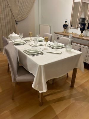 Zeren Home Meral Kurşun Colection Polyester Keten Simli Masa Örtüsü Krem