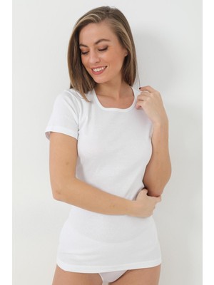 Qumash Kadın Tişört Kısa Kollu Pamuklu Ribana Beyaz - S