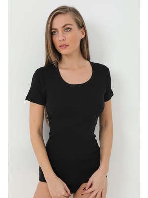 Qumash Kadın Tişört Kısa Kollu Pamuklu Ribana Siyah - 2xl