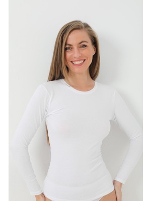 Qumash Kadın Uzun Kollu Tişört Pamuk Ribana Beyaz - Xl