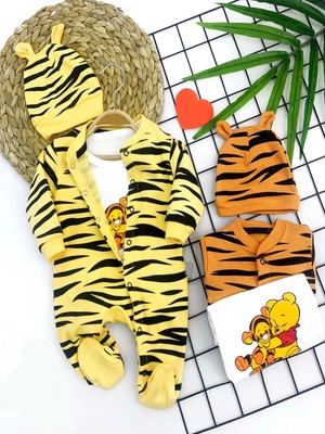 Beruflic Pooh Desenli Zebra Çizgili Şapkalı Sweatli 3lü Kız Erkek Bebek Tulumu(Sarı) Sarı