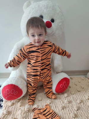 Beruflic Pooh Desenli Zebra Çizgili Şapkalı Sweatli 3lü Kız Erkek Bebek Tulumu(Sarı) Sarı