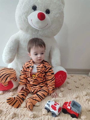 Beruflic Pooh Desenli Zebra Çizgili Şapkalı Sweatli 3lü Kız Erkek Bebek Tulumu(Sarı) Sarı