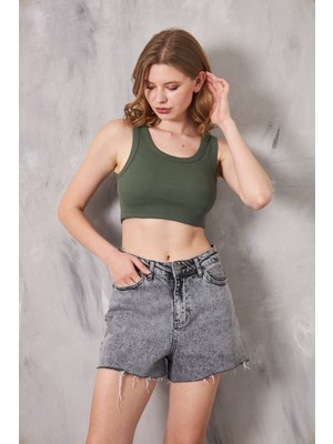 The Champ Clothing The Champ Geniş Yaka Haki Kadın Crop Top