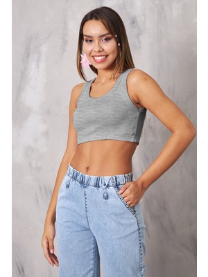 The Champ Clothing The Champ Geniş Yaka Gri Melanj Kadın Crop Top