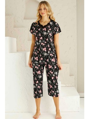 Alimer Kadın Siyah Bahar Dalı Kısa Kollu Dantelli V Yaka Bermuda Pijama Takımı EDY2735S