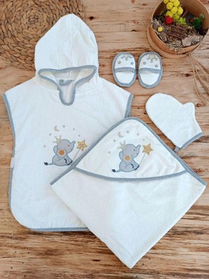 Beruflic Sevimli Fil Nakışlı Pareolu 4lü Kız Erkek Bebek Havlu Silgi Takımı Ekru